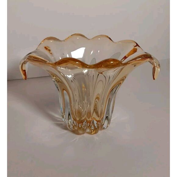 Vintage Ribbed Amber Art Glass Vase Drip Waterfall Tulip Container 6"H - Picture 2 of 10